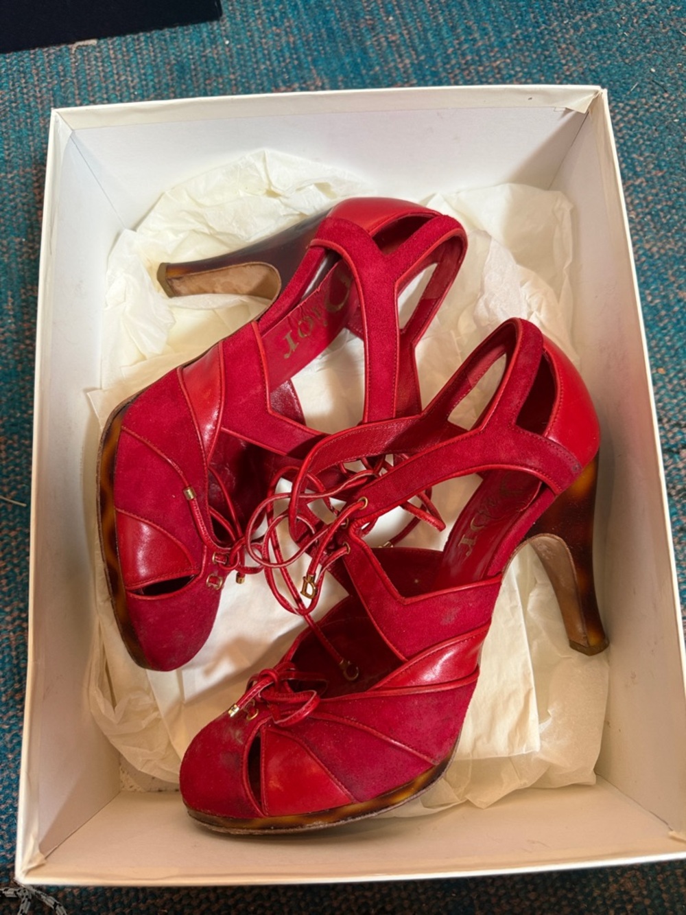 Dior Red Lace-Up Cutout High Heel Sandals